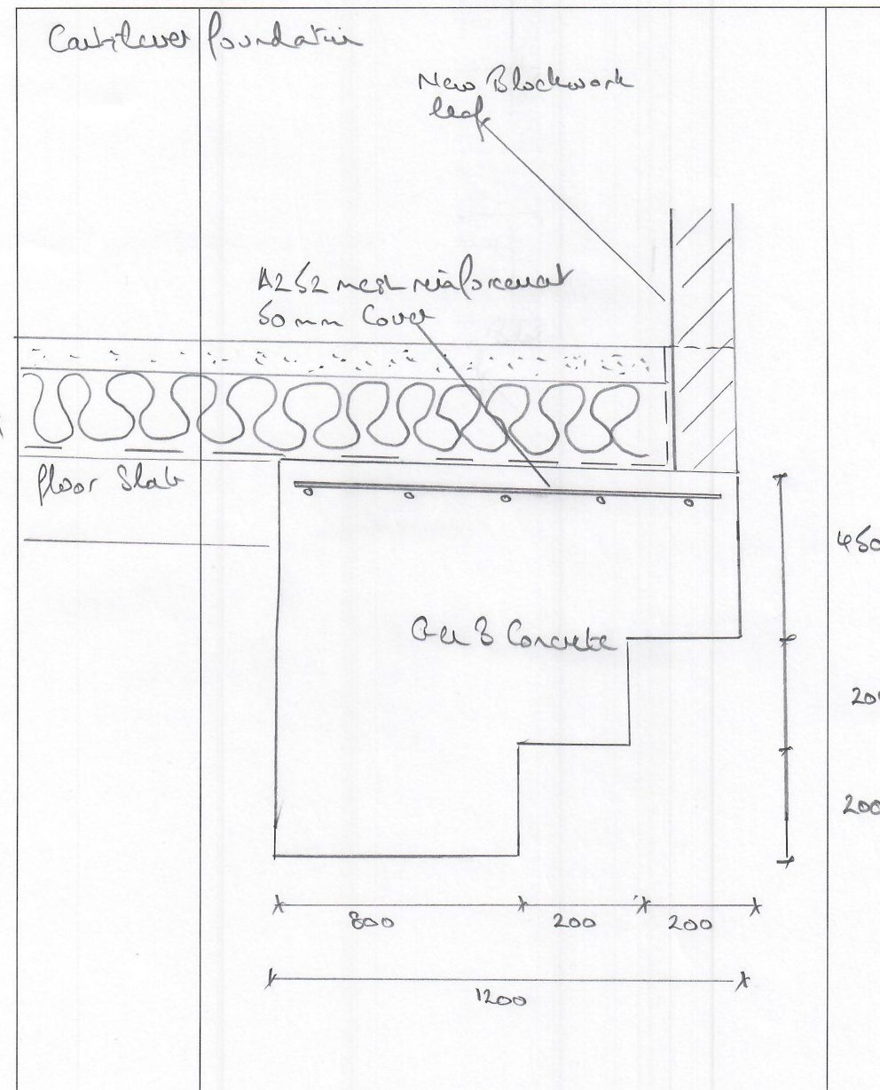 Hand-drawn cantilever foundation section detail showing reinforced stepped concrete and floor slab
