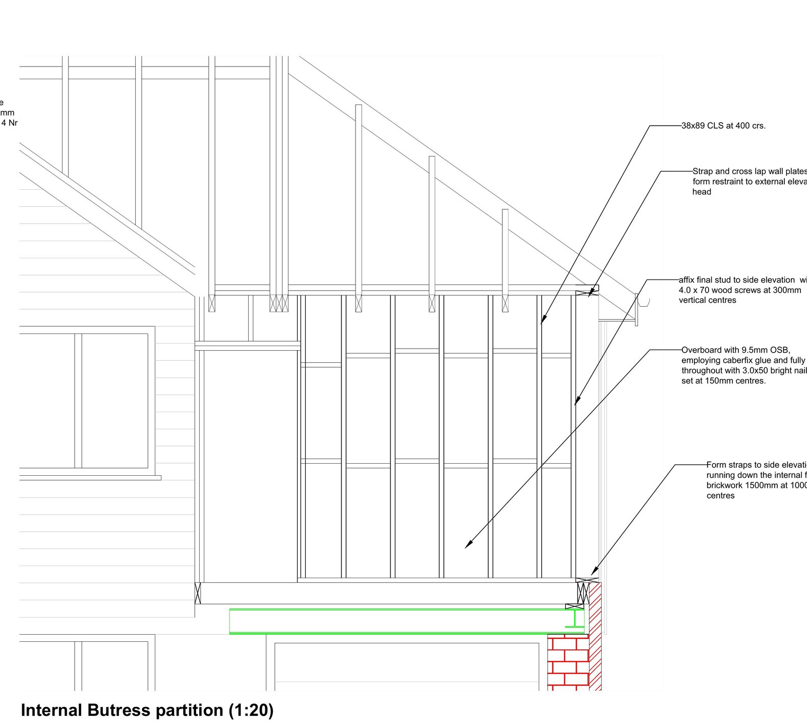 CAD section through an internal buttress stud partition with restraint straps to the external brickwork
