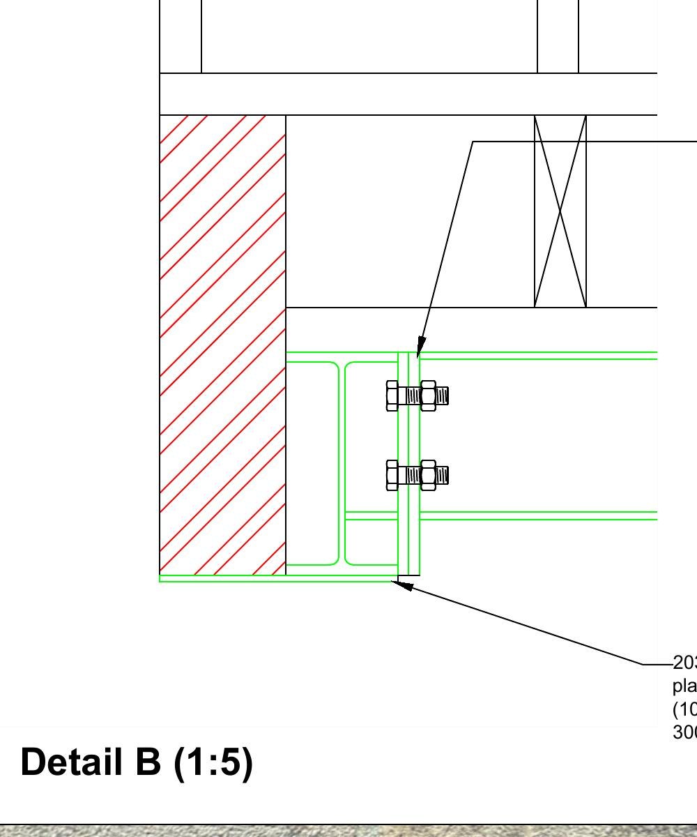 CAD steel connection detail showing end plate, side plate, bolts and fillet welds