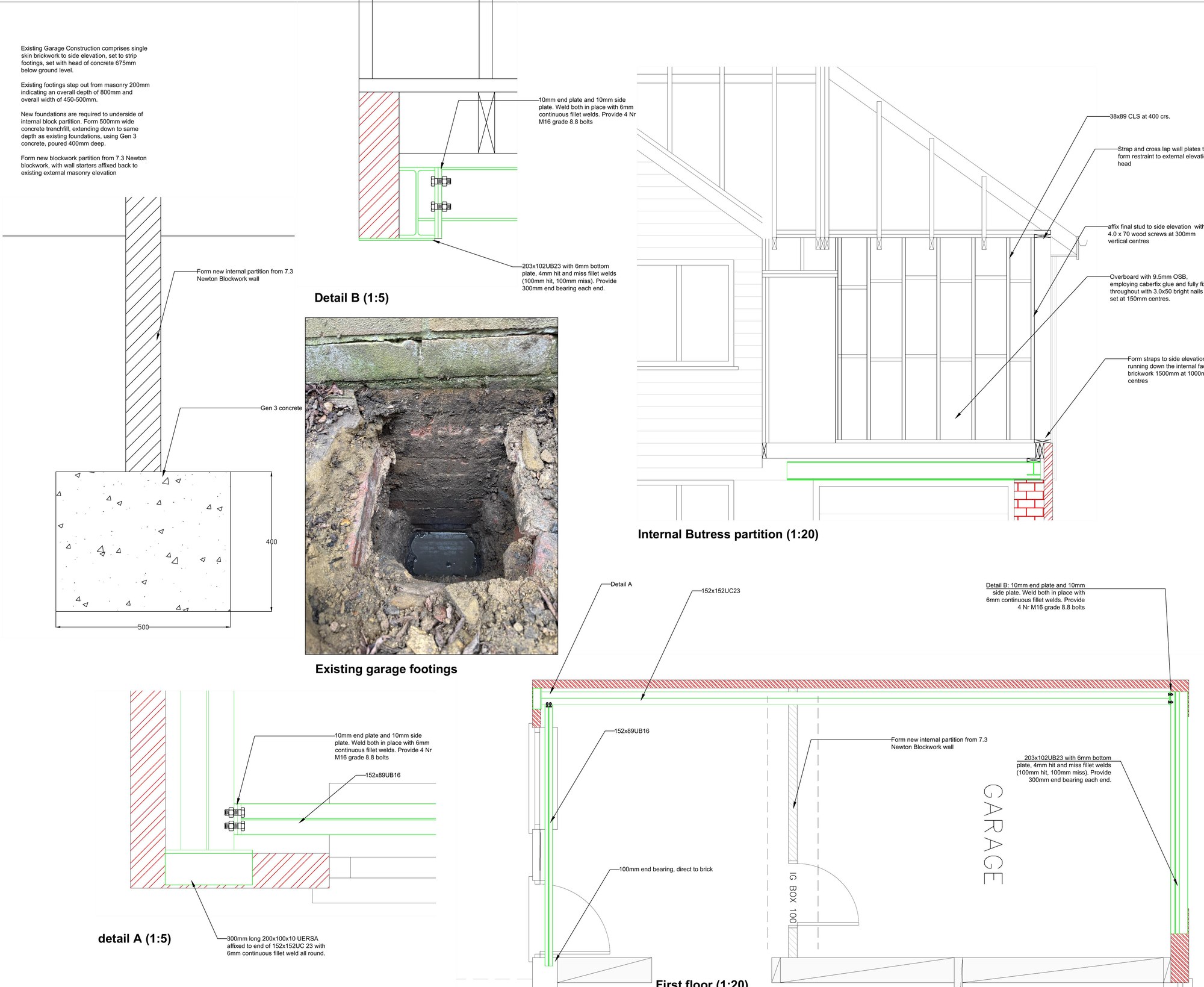 Full structural CAD drawing sheet for a garage conversion showing first floor plan, connection details and footing section