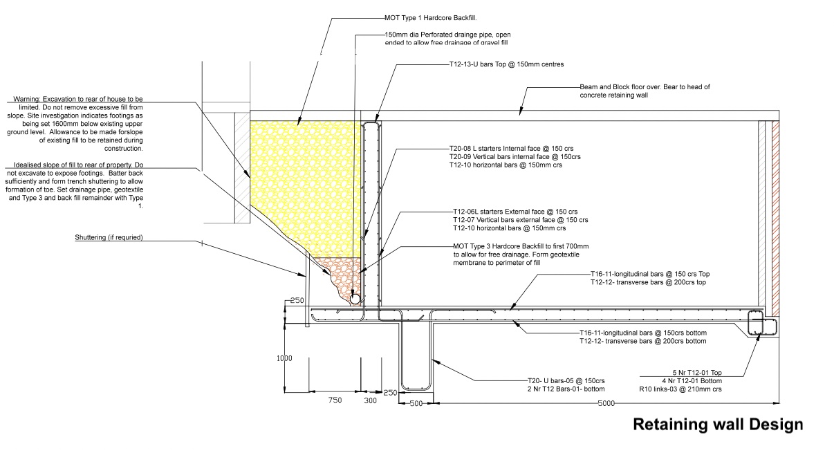 Reinforced concrete retaining wall design drawing