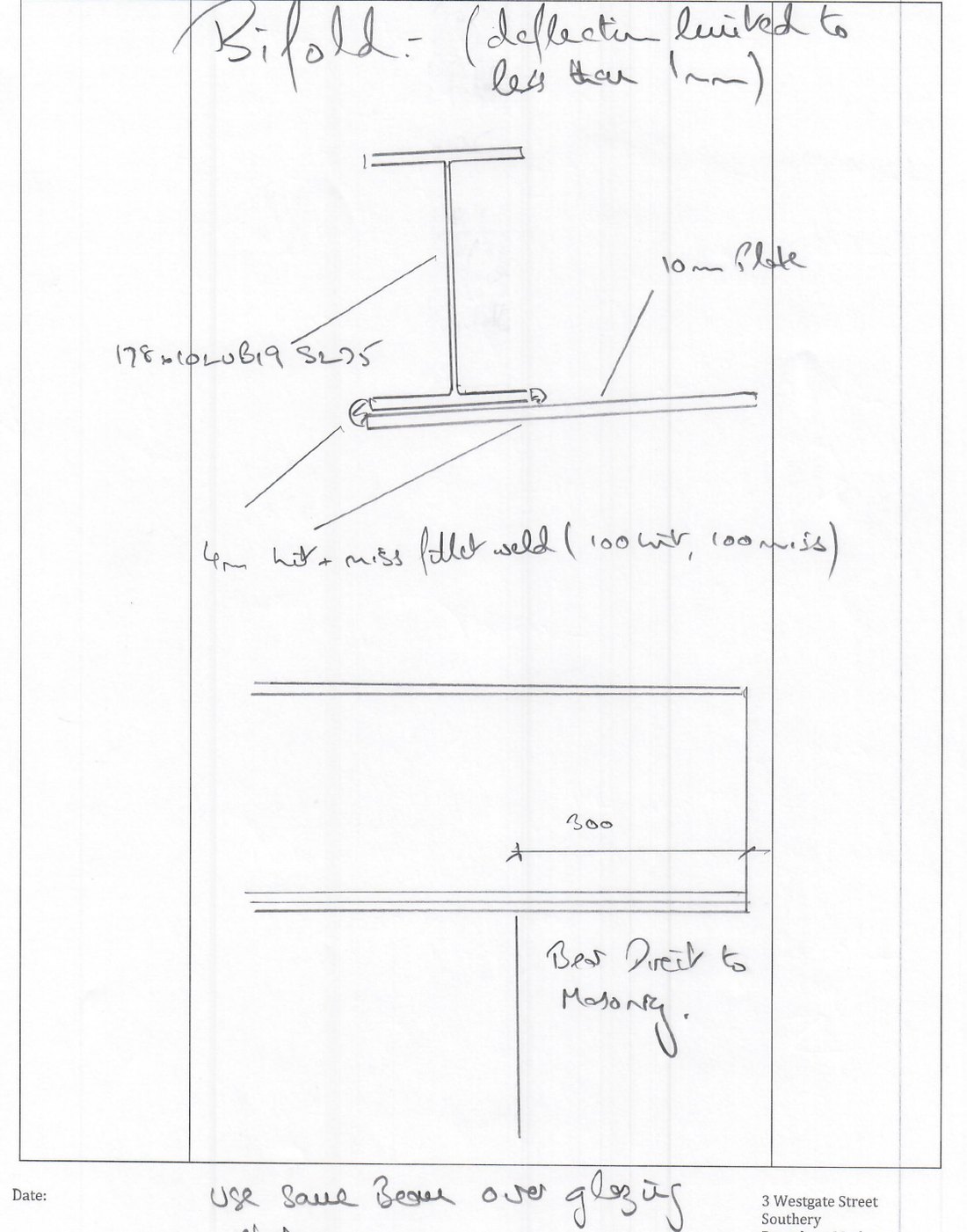 Hand-drawn steel beam detail over a bi-fold opening with bottom plate and weld notes