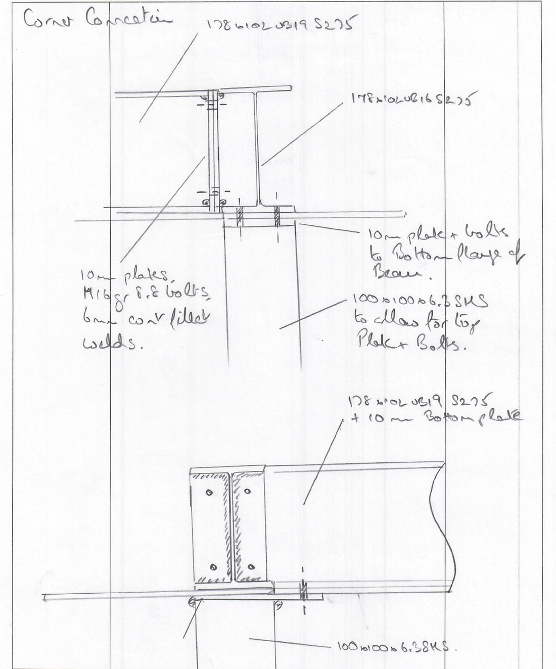 Hand-drawn steel corner connection detail with plates, bolts and welds
