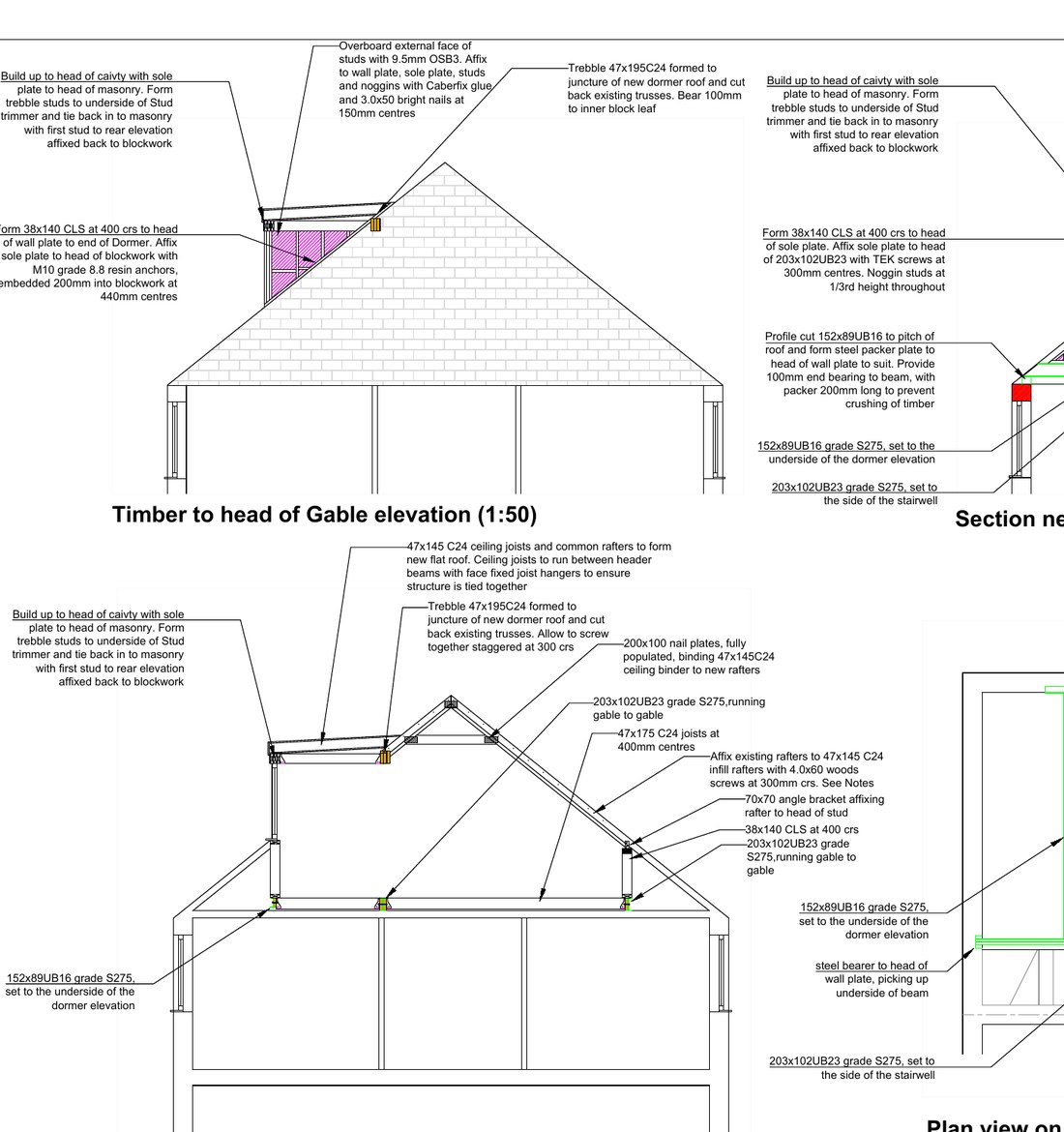 CAD section through the new dormer roof showing steel and timber framing with member annotations