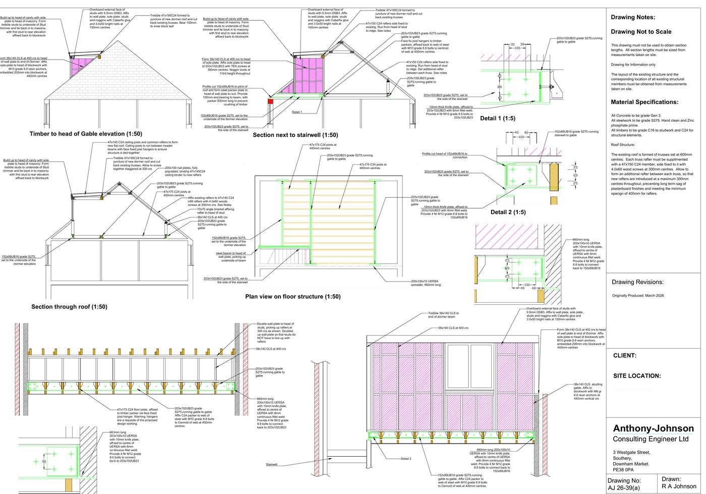 Full structural CAD drawing sheet for a dormer loft conversion showing sections, plan and connection details